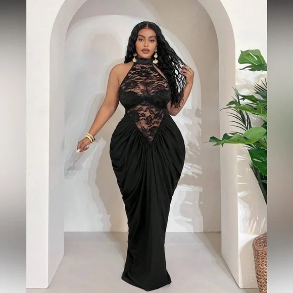 Black Backless Lace Halter Gown - Picture 1 of 8